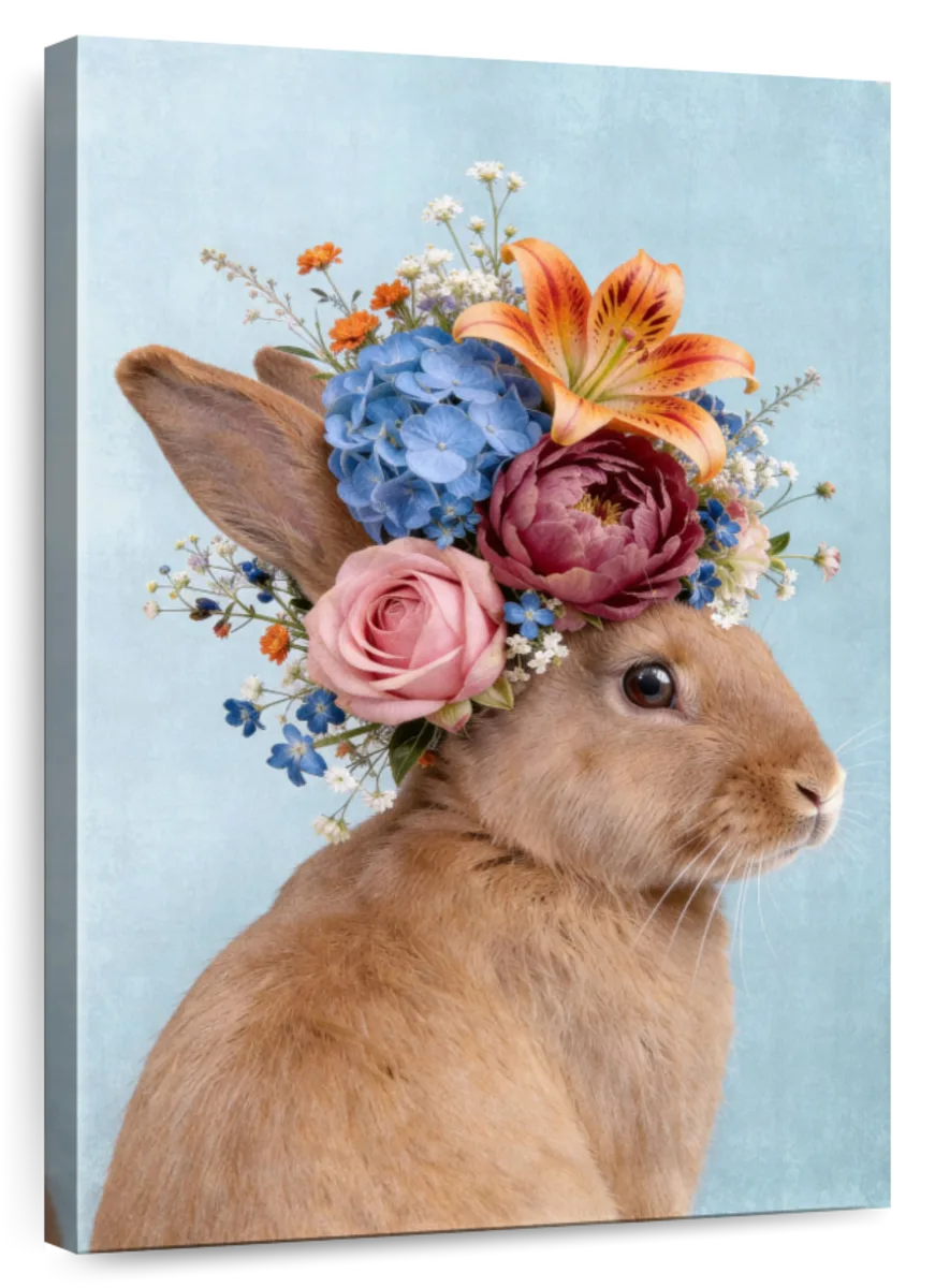 Brown Rabbit Flower Crown Wall Art