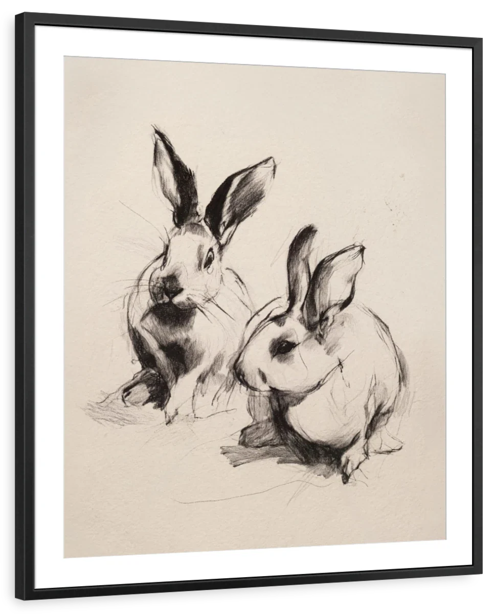 Expressive Charcoal Rabbit Duo Wall Art - Image 7