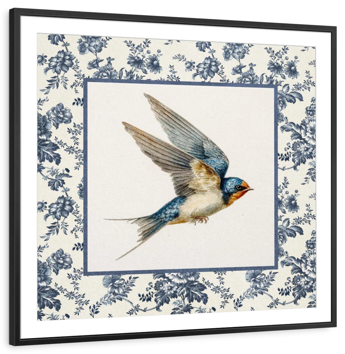 Flying Swallow Blue Floral Pattern Wall Art - Image 10