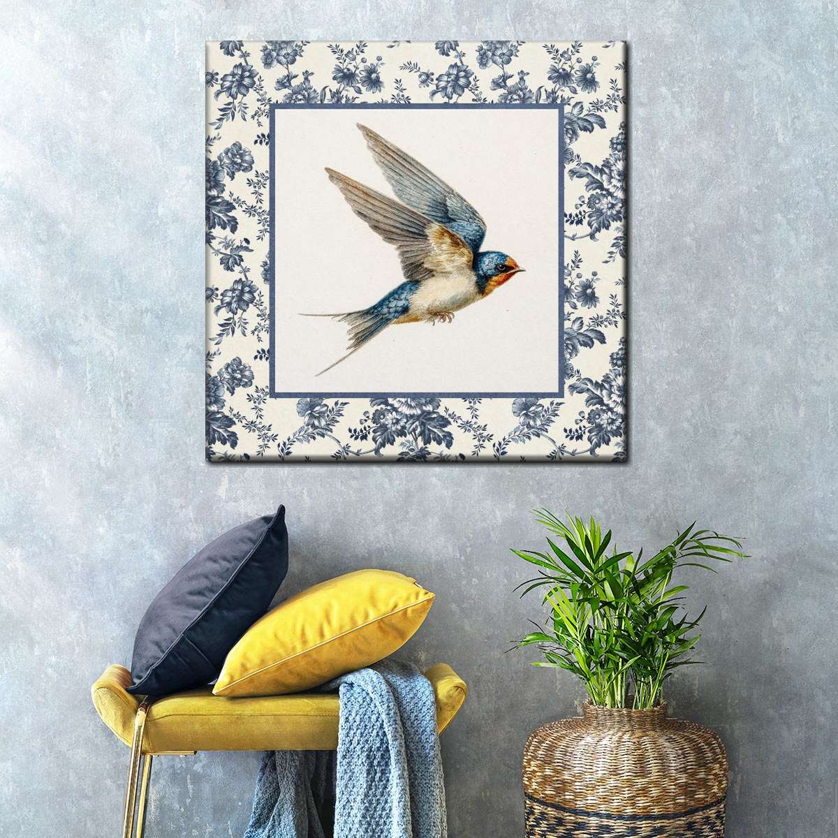 Flying Swallow Blue Floral Pattern Wall Art - Image 3
