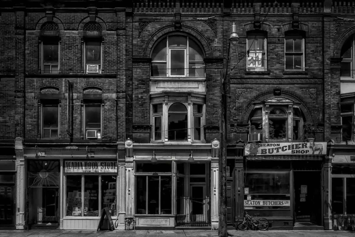 Historic Downtown Storefronts in Black and White Wall Art - Image 16