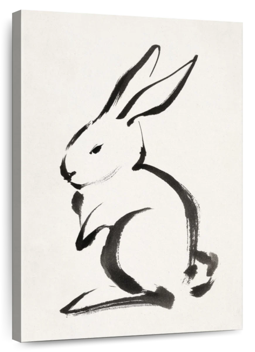 Minimalist Black Ink Brush Rabbit Wall Art - Image 2