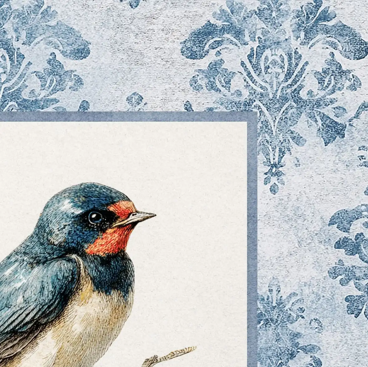 Swallow Perched on Blue Damask Wall Art - Image 16