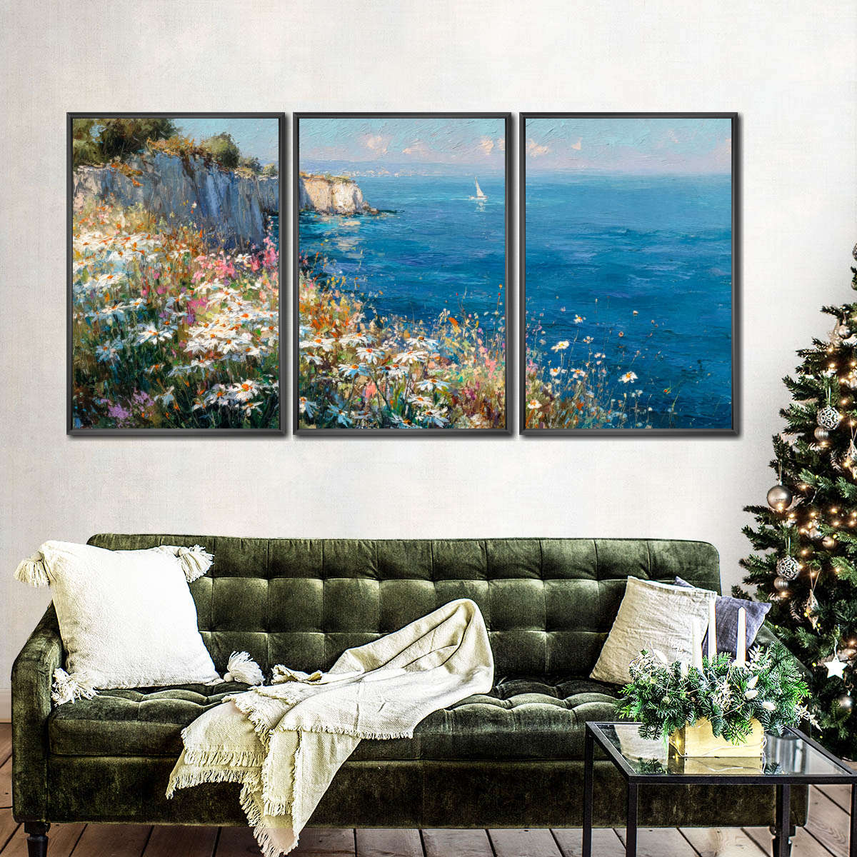 White Daisies on a Coastal Cliff Painting Wall Art - Image 7